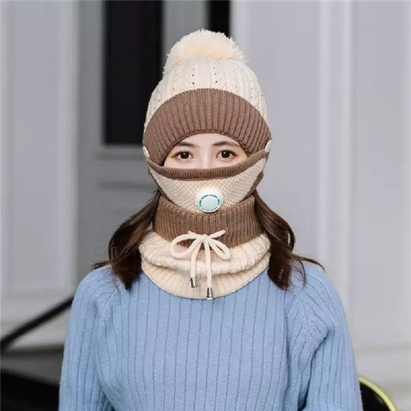 Pom Pom Beanie + Neck Gaiter + Mask combo  3pc set - Picture 3 of 5